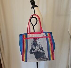 Colorful Rainbow Beach Tote Bag with Pink Handles